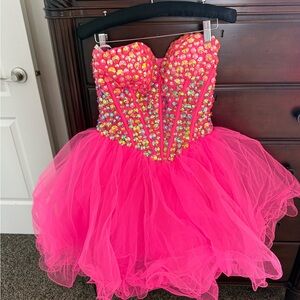 Hot Pink Sherri Hill Strapless Rhinestone Tulle Party Dress
